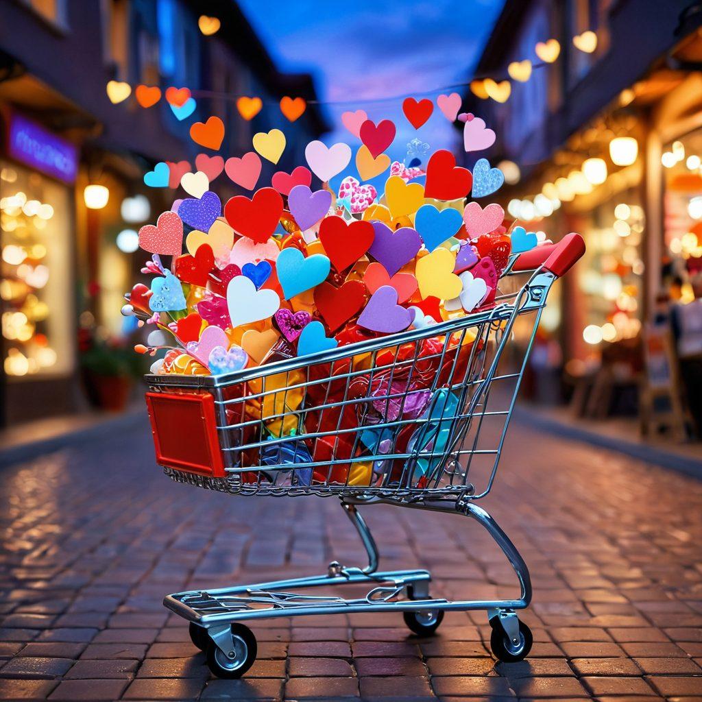 A whimsical shopping cart overflowing with colorful, heart-shaped products, each symbolizing love and passion. The background features a vibrant bazaar filled with romantic items such as flowers, chocolates, and love letters, all under a gentle sunset glow. Soft bokeh lights twinkle in the air, adding a magical touch. whimsical art style. vibrant colors. dreamy atmosphere.