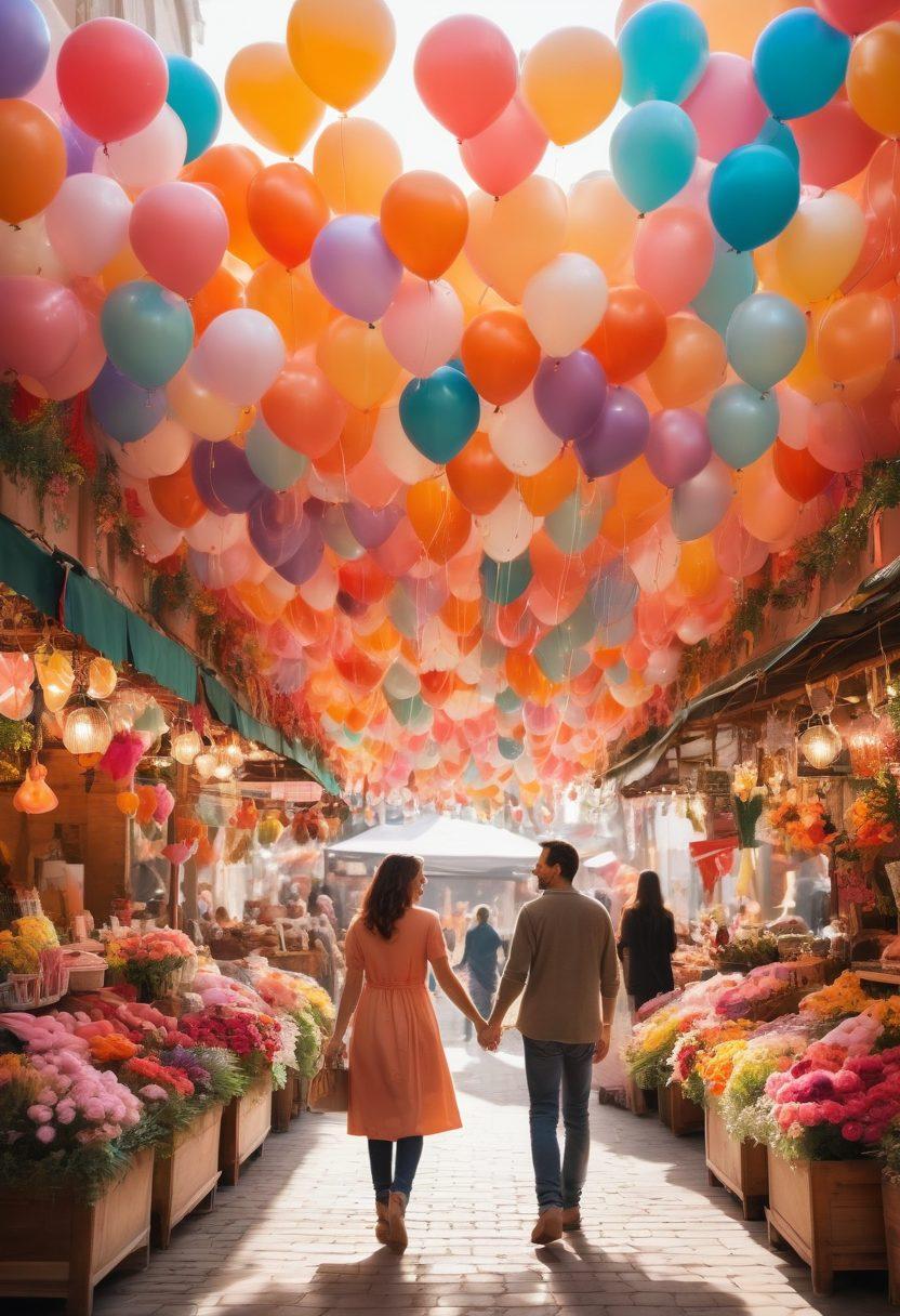 A whimsical and romantic scene depicting a couple exploring a vibrant market filled with heart-shaped balloons, colorful flowers, and charming gift stalls. The atmosphere is warm and inviting, with golden sunlight filtering through overhead drapes. Surround the couple with soft pastel colors, emphasizing joy and affection as they browse through thoughtful gifts. Capture the essence of love and connection, inviting readers to ignite their passion. surrealistic. vibrant colors. soft focus.